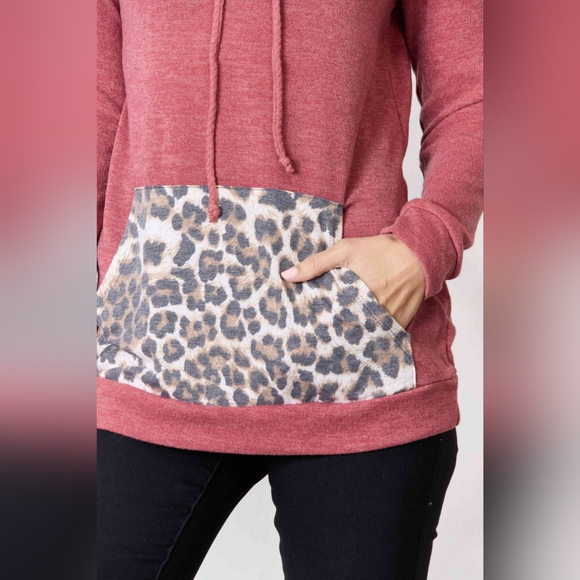 BiBi Designer Marsala Cowl Neck Leopard Drawstring Long Sleeve Top - Picture 6 of 6